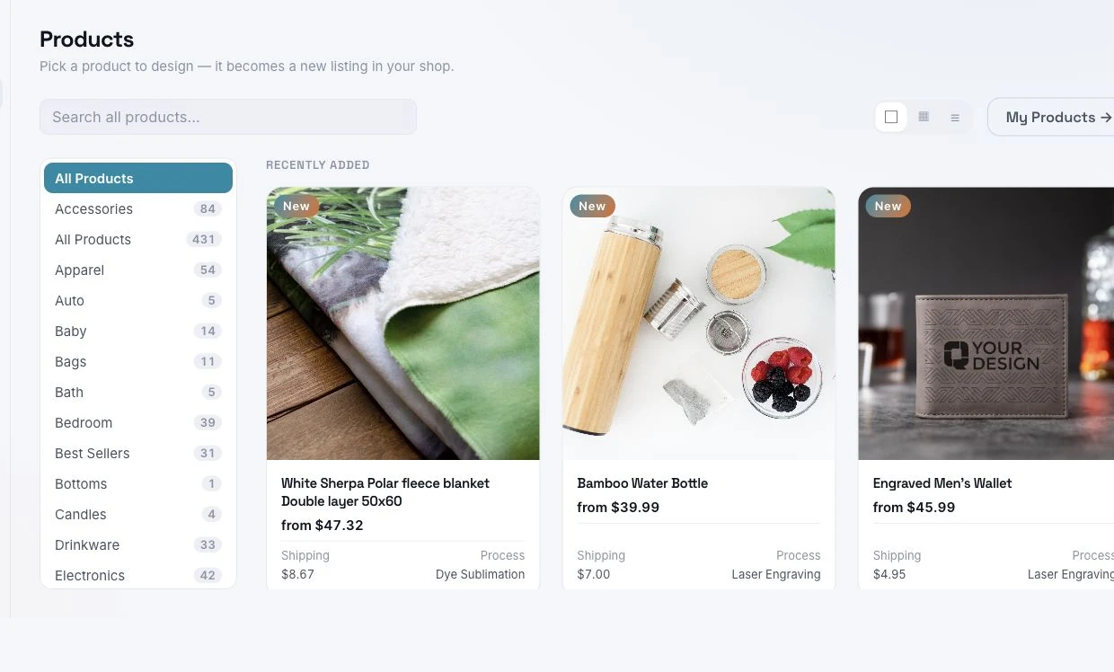 Quadra Pro product catalog showing print-on-demand categories, product previews, pricing, shipping, and production methods.