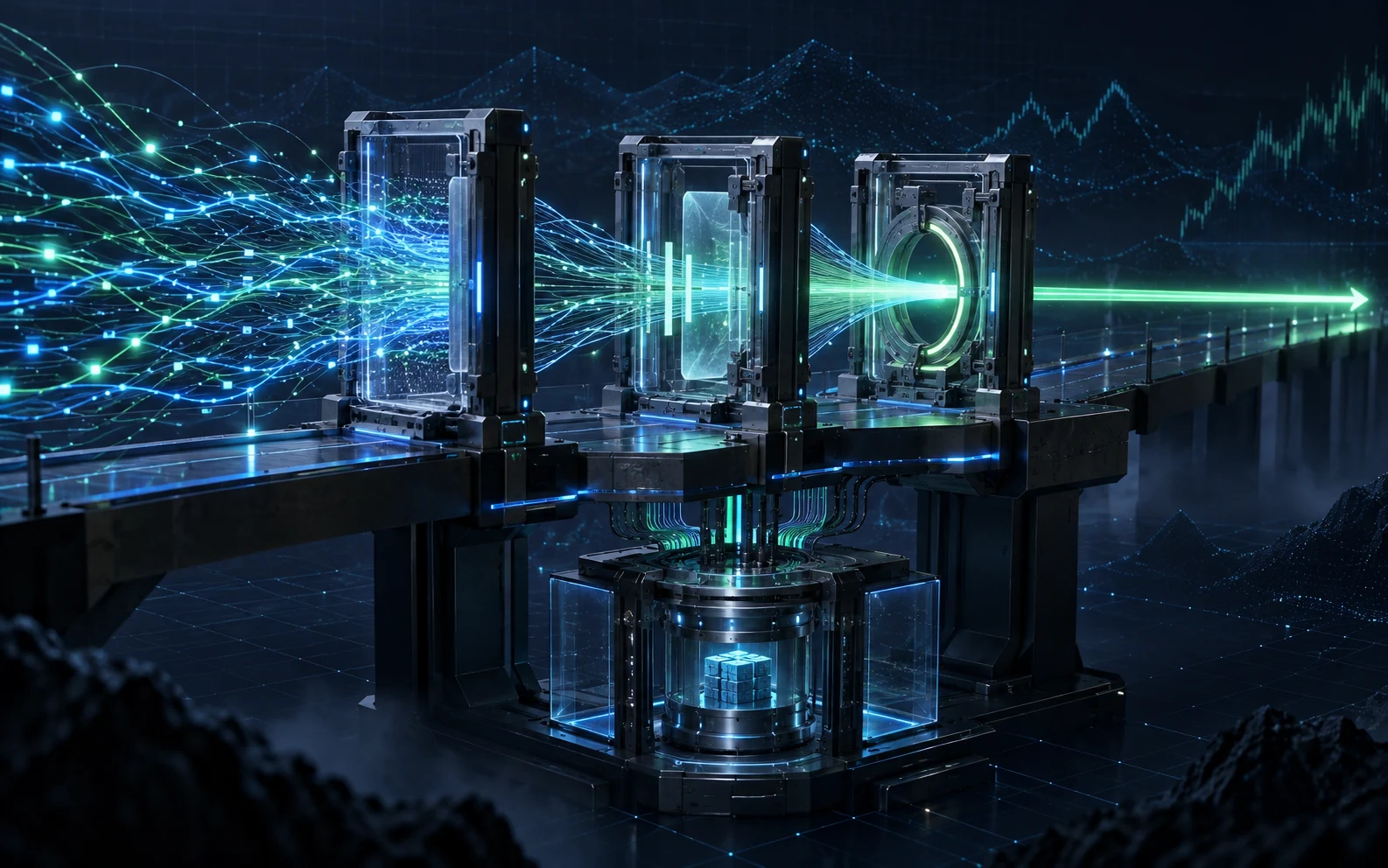 Abstract blue and green data signals passing through three deterministic safety gates while capital remains isolated below.